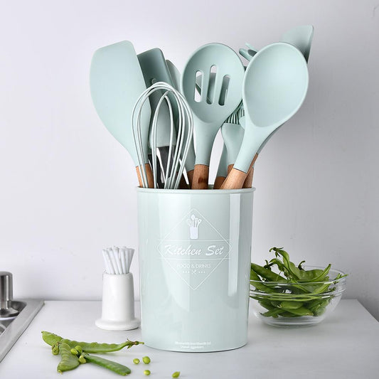 12 Pcs Silicone & Heat Resistant Spoons Set with Long Wooden Handle Kitchen Utensils Set